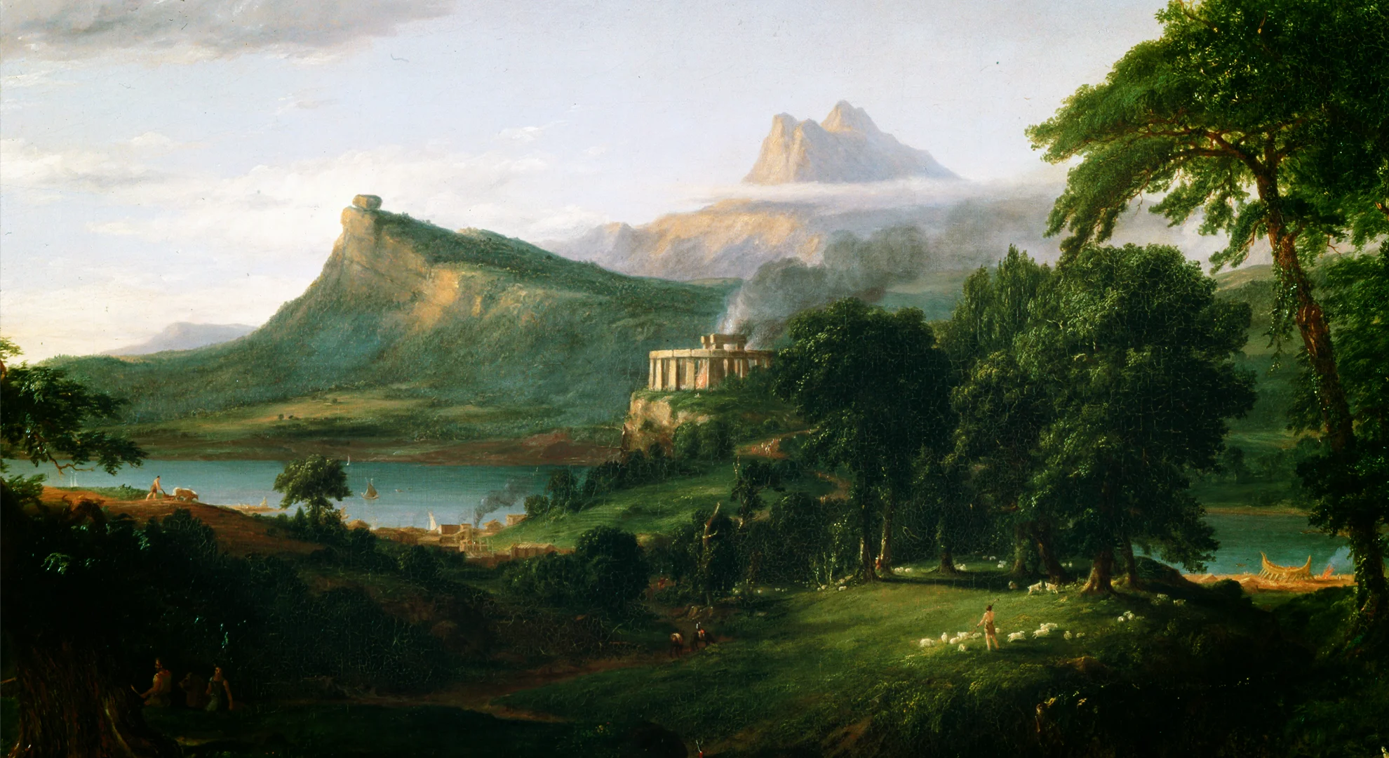 Detail from The Arcadian or Pastoral State painting, with a sunlit landscape.