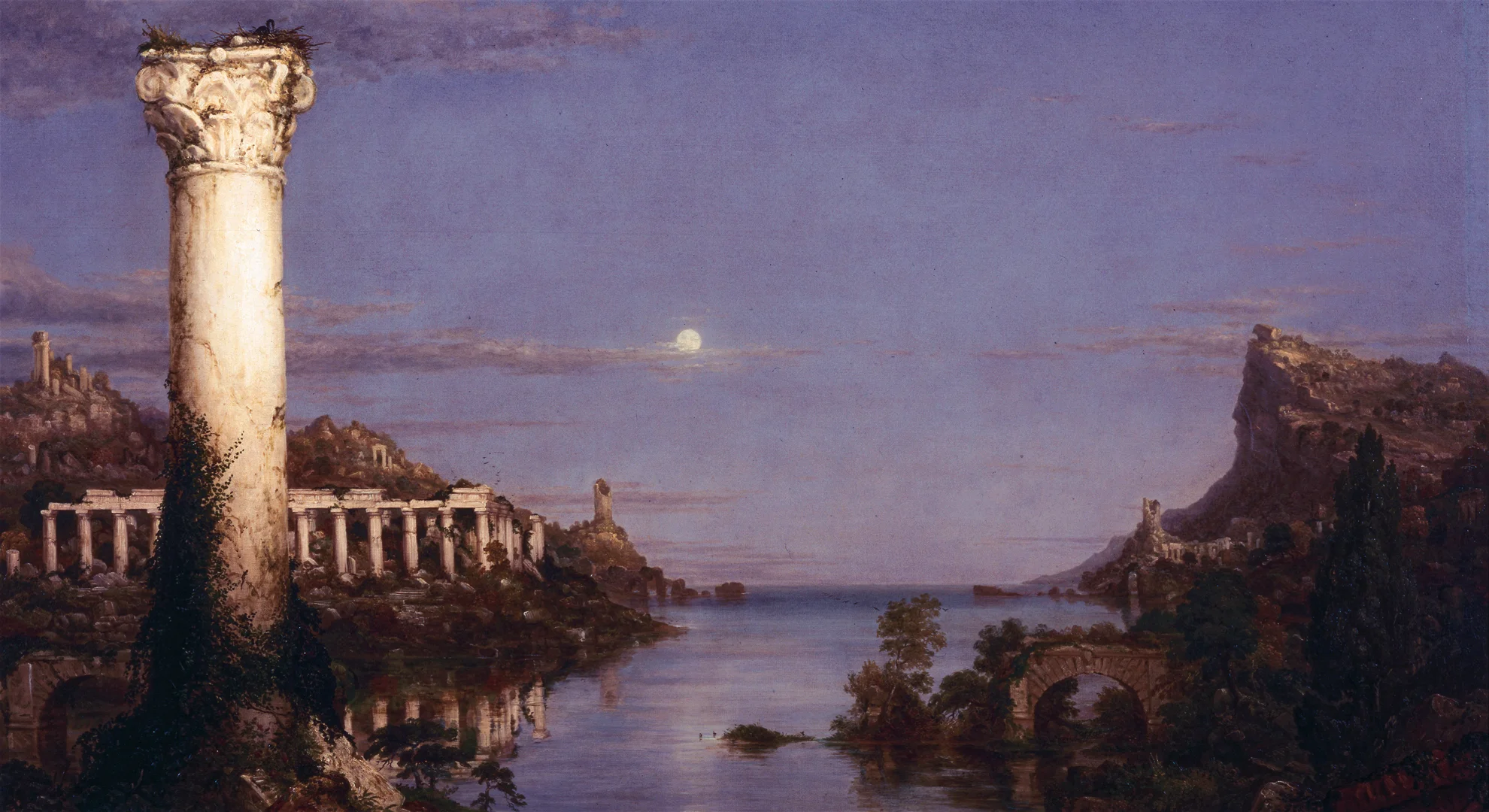 Detail from Desolation, with ruins and a pale empty horizon.