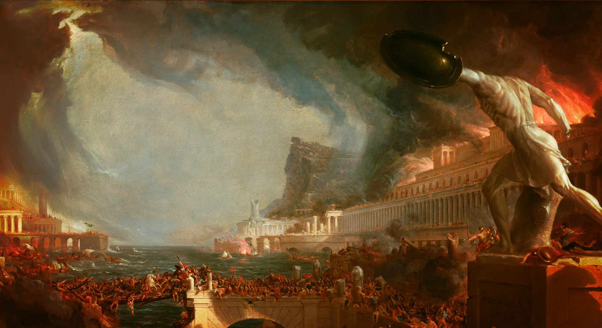 Detail from Destruction, with a city breaking apart under a red sky.