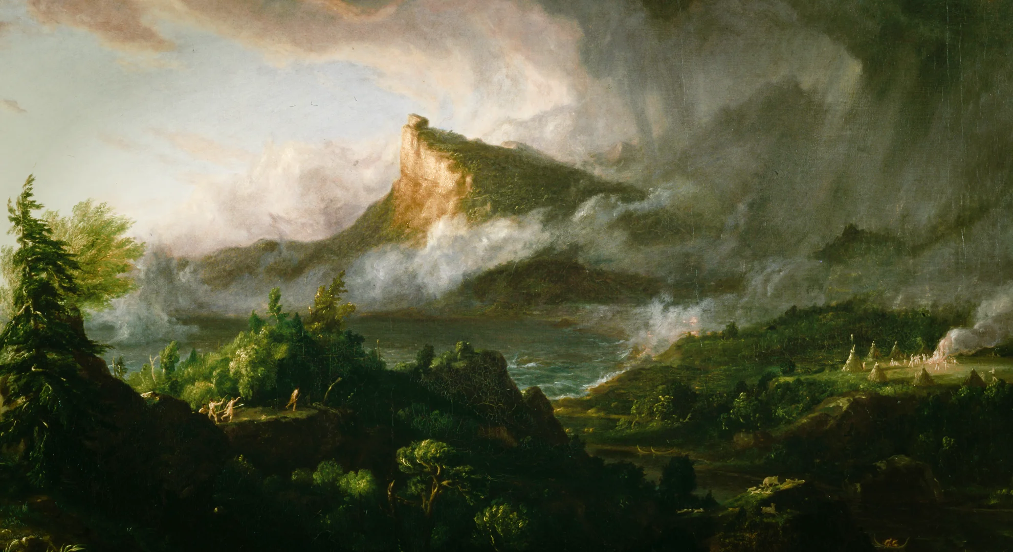 Detail from The Savage State painting, with dark forest and distant water.